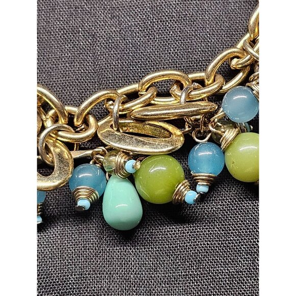 Vintage Gold Tone Chain Bracelet With Blue & Green Beads - Picture 4 of 8
